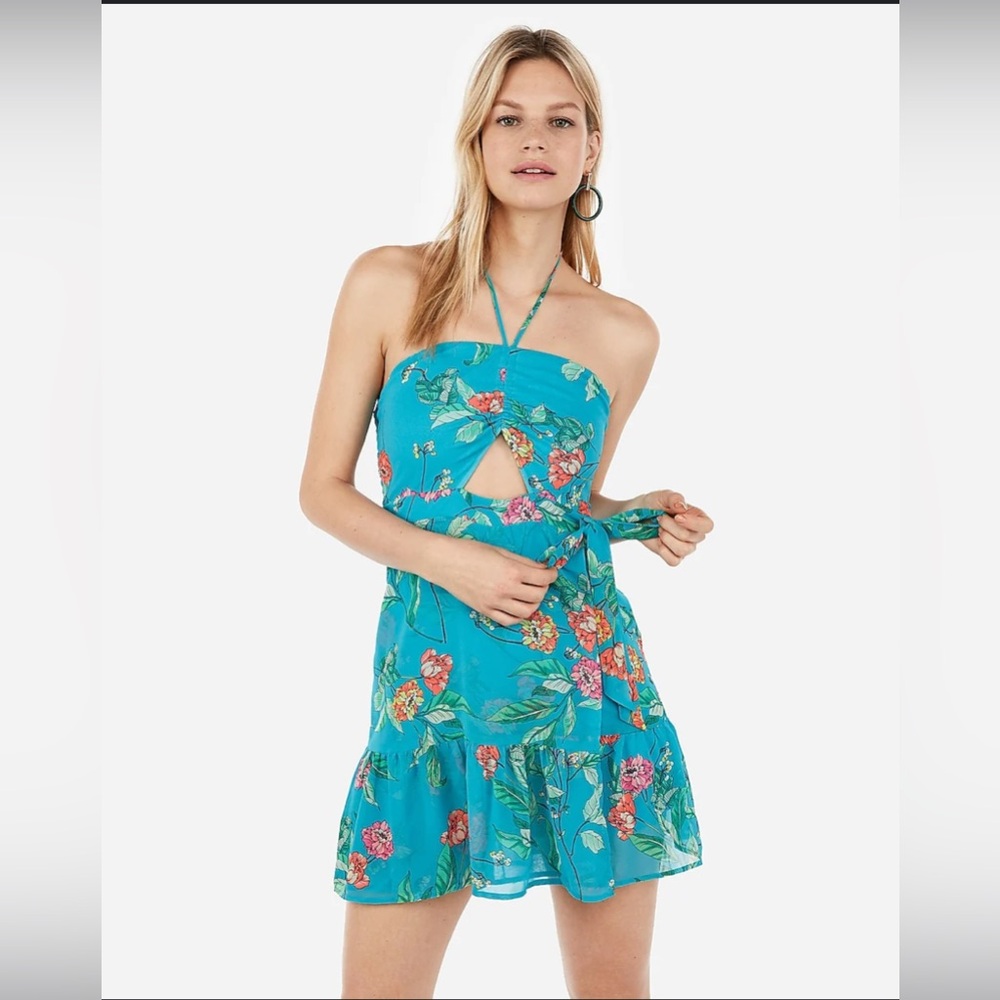 Express Blue Ruffled Halter Sundress XS